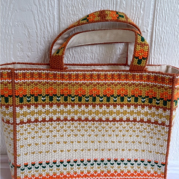 An original by Donna Davison handmade Handbags - Vintage 70s Knit Tote Bag in Orange and Cream